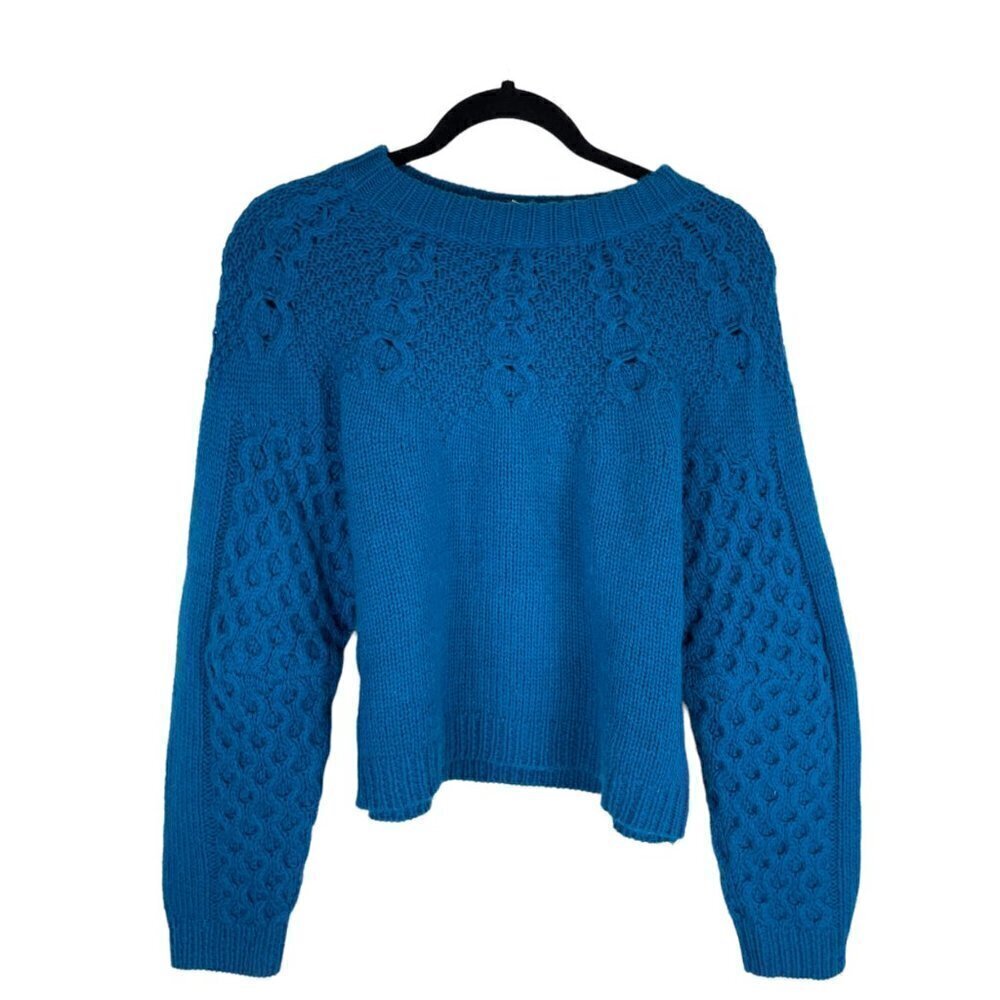 SEA New York Brie Wool Alpaca Blend Chunky Cable Knit Crew Neck Sweater Blue M